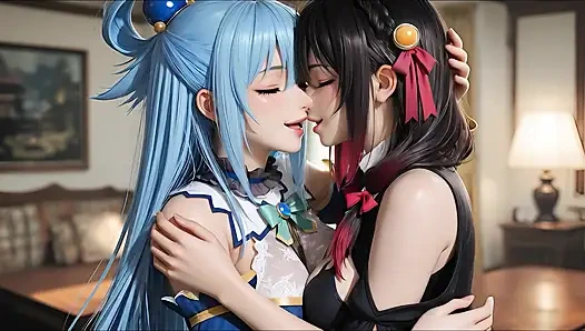 Konosuba soft show'dan sfw aqua ve yunyun lezbiyene dokunuyor ve öpüşüyor