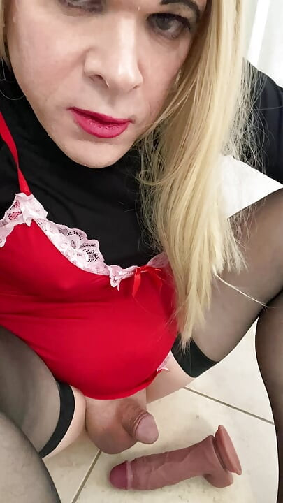 Part 3 Amateur Sissy Crossdresser try's to squirt on dildo  for Daddy and talks about him paying  $8k for her breast  implants