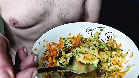 A slave must fuck a salad and cum generously in it. Food fetish, jerk-off instructions, and cum-eating instructions. Bon appetit
