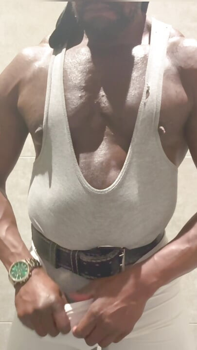 Black Muscle Stepdad Revealing Singlet Bate Cum Post Gym Shower