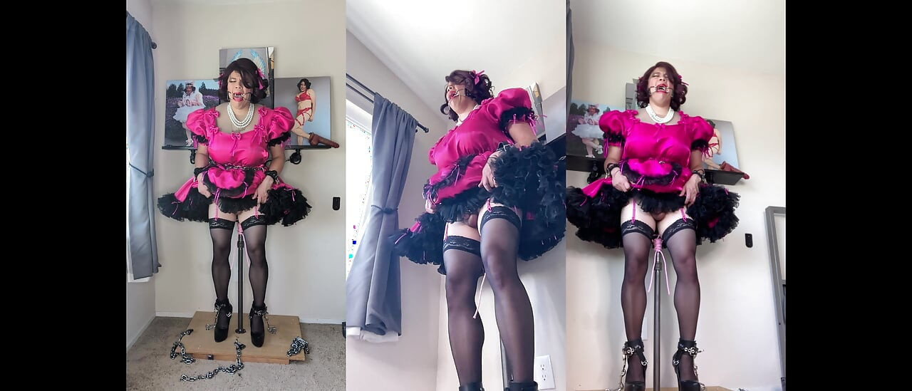 Pink Sissy Maid Candy Is Locked Onto Her Dildo Stand and Rides Her Pole