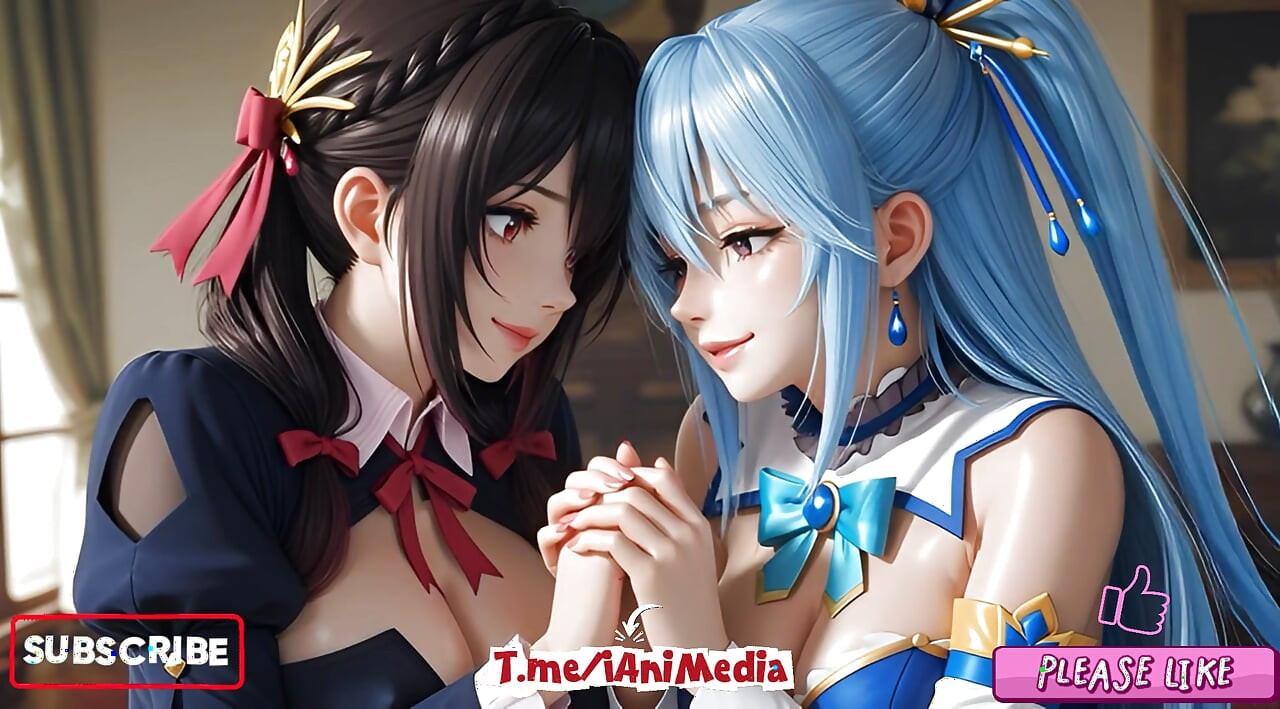 SFW Aqua 和 Yunyun 來自 Konosuba 的軟秀 撫摸和親吻女同性戀