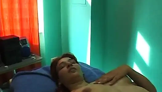 Redhead whore with small tits masturbating solo