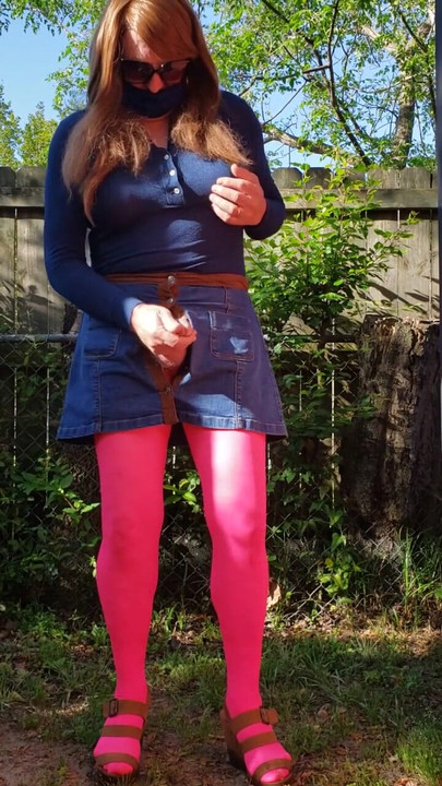 Epic moment from "Cd outdoors, feeling myself, masturbate and cum in my nylon pantyhose and miniskirt."