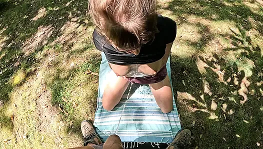 MILF Catches Pervert Masturbating in Public Park Gets Pissed On and Huge Facial Cumshot