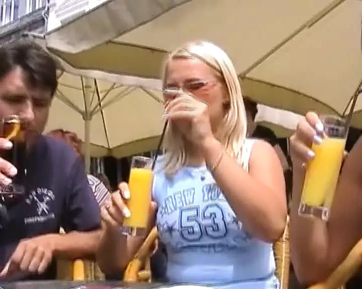 Two amazing blonde chicks from Germany sharing a cock in public