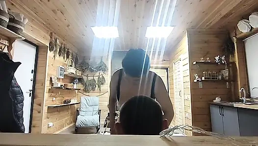 on the sofa in the sauna