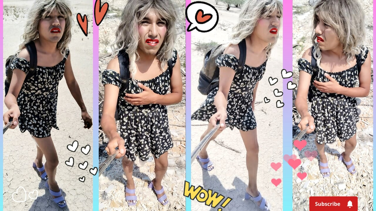 ladyboy slut walks in public wearing mini skirt high heels cute legs and plug in ass very hot