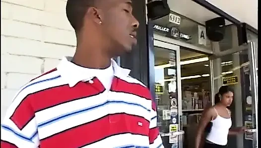 Black guy pumps her black pussy with a cock