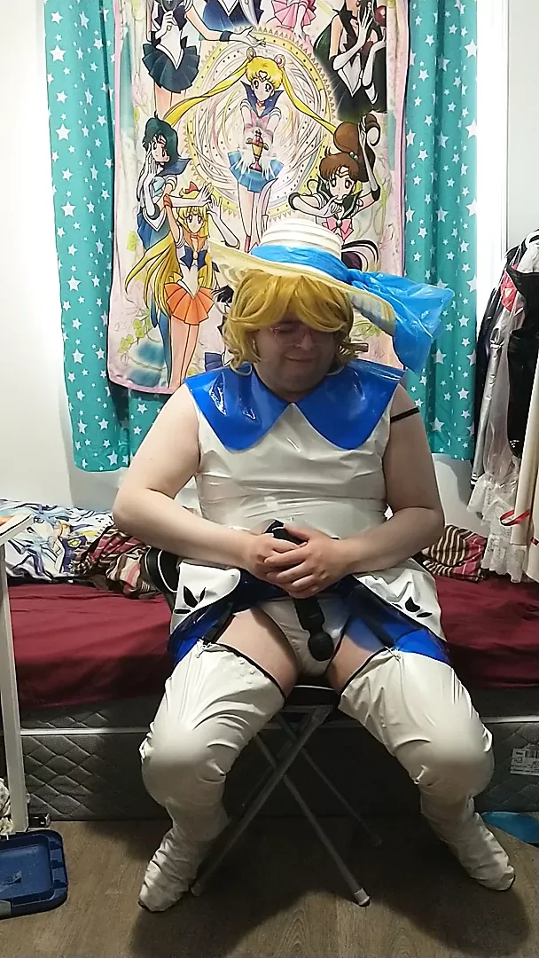 Shiny PVC Cosplay Sissy Lillie Vibrates till she cums