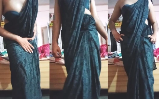 Hintli eşcinsel travesti gaurisissy siyah sari içinde ateşli görünüyor