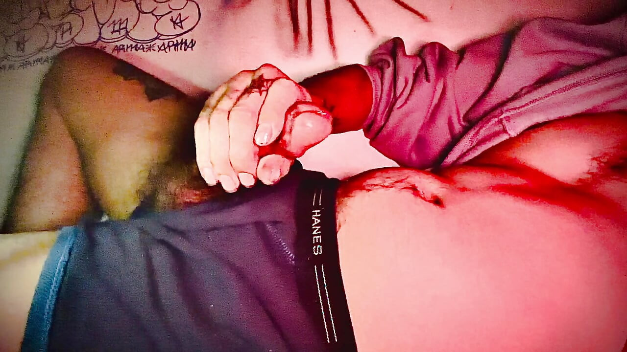 Tattooed Latino Stroking his thick Latino cut cock