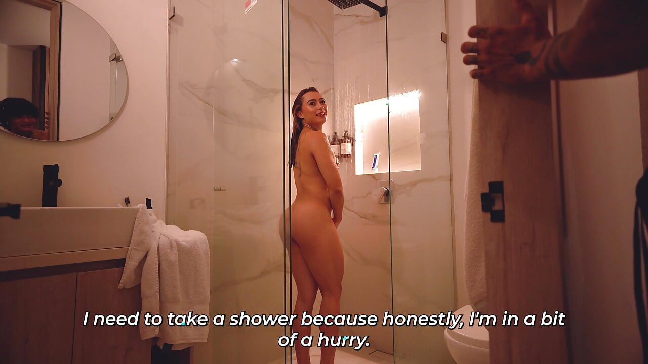 Real, passionate sex in the shower! I can't hold back and I cum in her ass