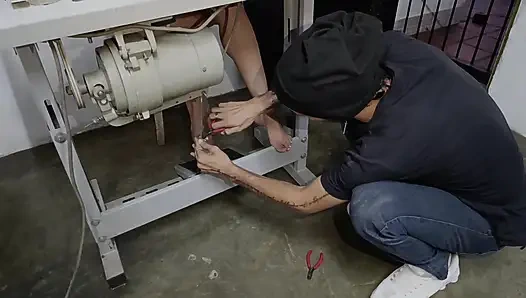 While I Pump the Pedal of My Cooking Machine in Panties This Man Looks at Me and Repairs the Machine