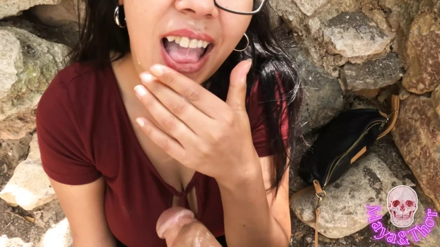 PARK blowjob cumshot to STRANGER cum on her burning FACE