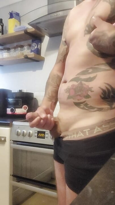 Horny Boy Wanking, Cumming Over Kitchen Counter & Licking in up