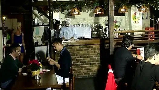 Two hot German sluts fucked at the same time in the different parts of the pub