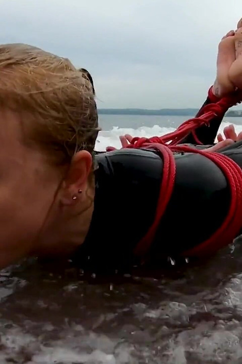 Hogtied in a Wetsuit - Rope Bondage Escape Challenge on the Beach