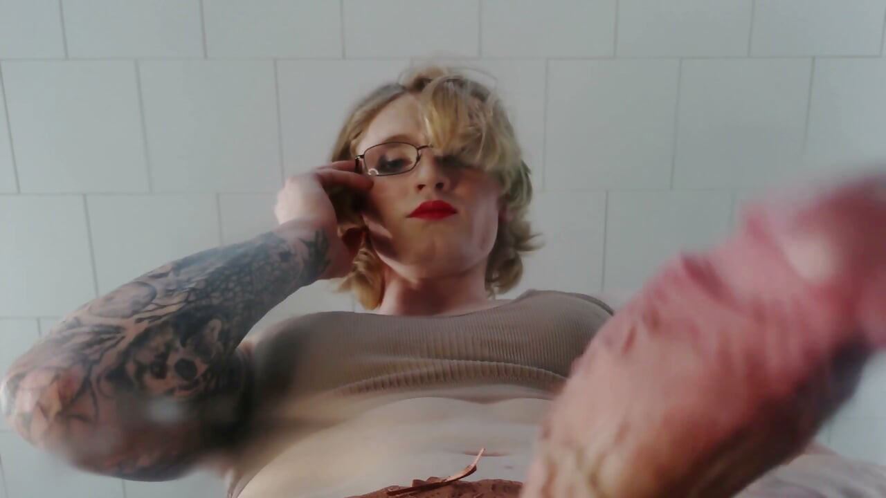 strawberry blonde femboy red lipstick tease - sports bra & fishnets cums on your face