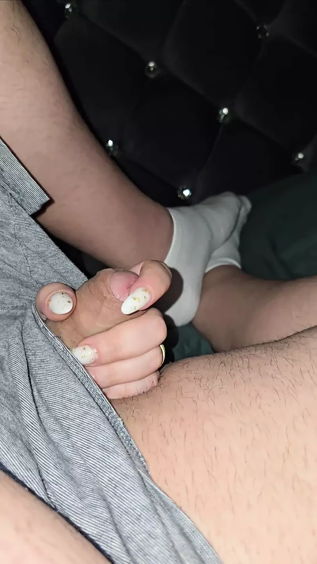 Step mom pulled out step son dick from his pants and handjob his dick