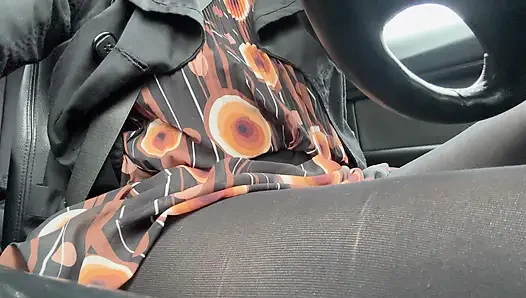 Elegant stepmom drives to the office wearing tights and a beautiful dress