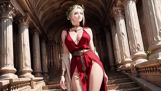 Blonde Goddess in Red! Forbidden Gaze in the Ancient Corridor, Deep V & High Slit teasing you.