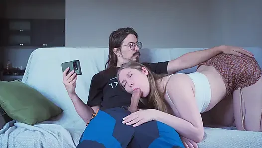 A Step Sister replaces her Step Bro's GF when she gets a call, but the girlfriend finds out and joins them