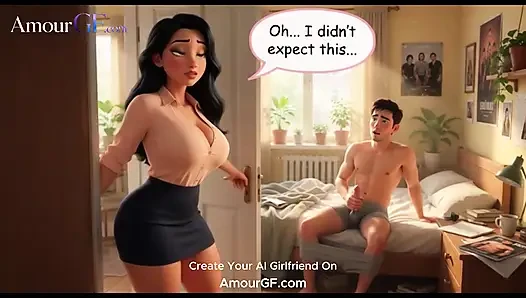 3D AI Mature Curvy Woman Catches Man Masturbating, Joins for Sex