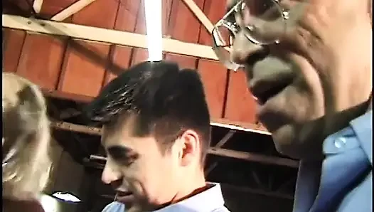 A group of guys fuck the horny blonde woman in this gangbang
