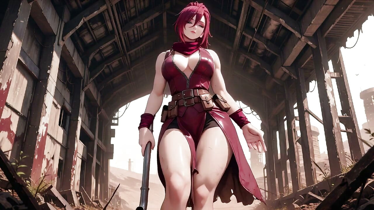Redhead Warrior in Ruins! Forbidden Encounter in the Industrial Wasteland, her tight combat suit soaked and hazy eyes.