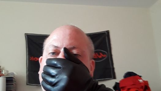Sexy leather gloves handjob