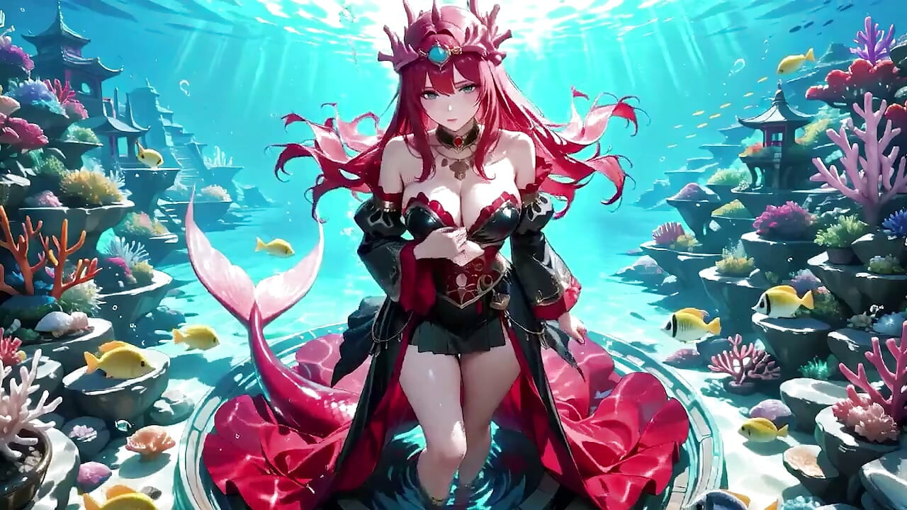 Forbidden Feast in the Underwater Palace, Black and Red Kimono Slightly Wet.
