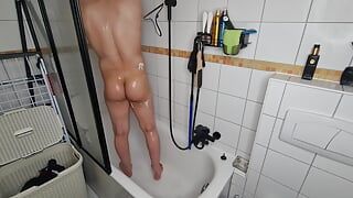 Twink boy showering shaving and pissing