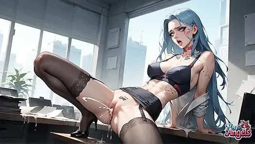 Neuro Angels: blauhaarige göttin im sahnigen büro-squirting durchnässt