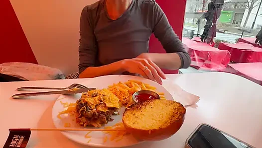 Having lunch in a restaurant wearing totaly sheer top exposing my pierced nipples and sexy boobs