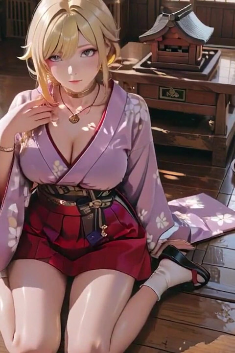 Blonde Goddess in the Japanese Corridor, Lazy Gazes, Hand on Hips, Sunlight Drenching Her Skin