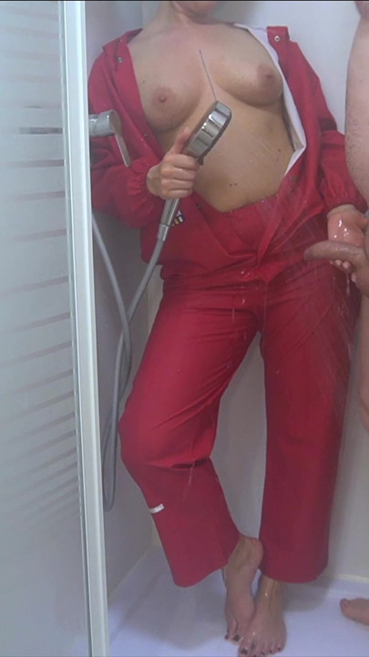 Girl Next Door in Red Rubber Rain Suit Gets Juicy Wet Shower Fuck - Projectfundiary