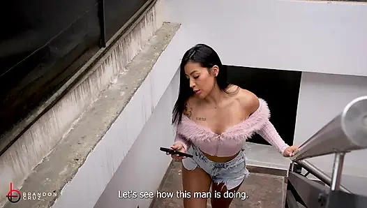 A construction worker inserts his large penis into his busty boss on a terrace - Brandon Cruz & Mariana Martix