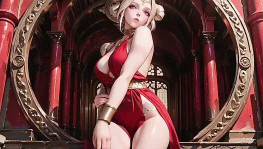 Blonde Goddess in Red! Forbidden Gaze in the Ancient Corridor, Deep V & High Slit teasing you.