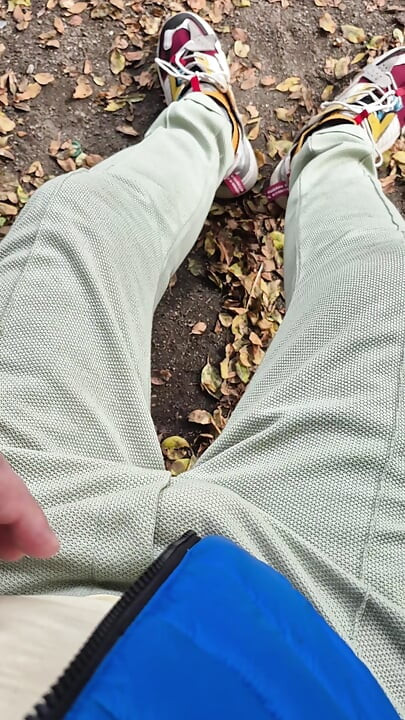 Bulgarian thick cock gets a bulge and spurts cum on a bench in the city park.