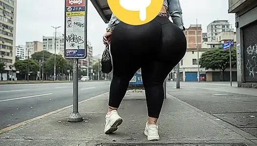 "Masked BBW Changes from Black Leggings to Tiny Thong at Public Bus Stop"