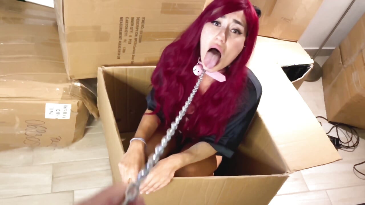 My Cosplay Sexy Hot Blowjob with Funny Faces of a Teen Redhead Girl From a Box, Fuck in Mouth