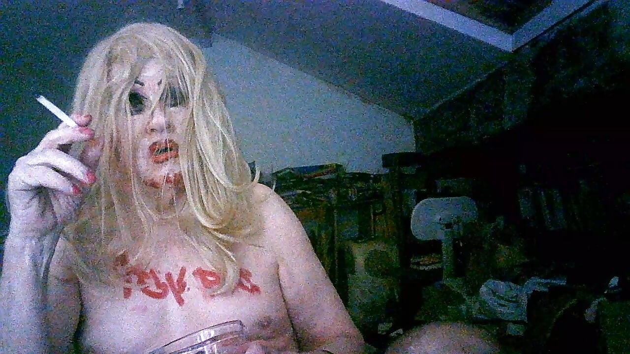 Shameless old cumslut slag Sarah, smokes drinks dogger's cum from used condom and own piss