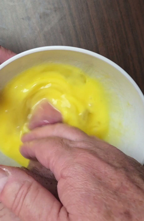 Want to try my cock scrambled eggs? Choose: (A) Cum in the eggs before cooking, (B) Cum on the eggs after cooking, (C) No cum