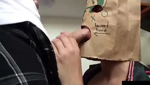 Busty Baghead Blowjob & Facial with a Paper Bag on Her Head