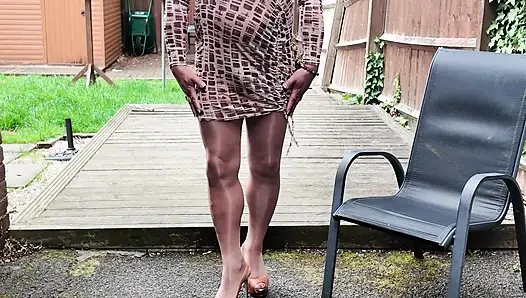 Crossdressing kellycd2022 in my nylon mesh dress and shiny seamless pantyhose and heels