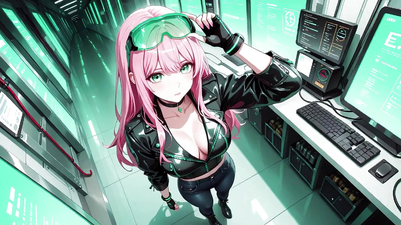 Pink-Haired Leather Tech! Private vibes in a neon-lit cyber corridor.