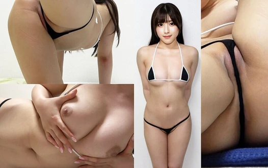 Ein Mädchen in der Wohnung eines japanischen Mädchens in einem Bikini mit einem pummeligen, üppigen Bikini, das erotische Übungen in einem winzigen String-Mikrobikini macht.
