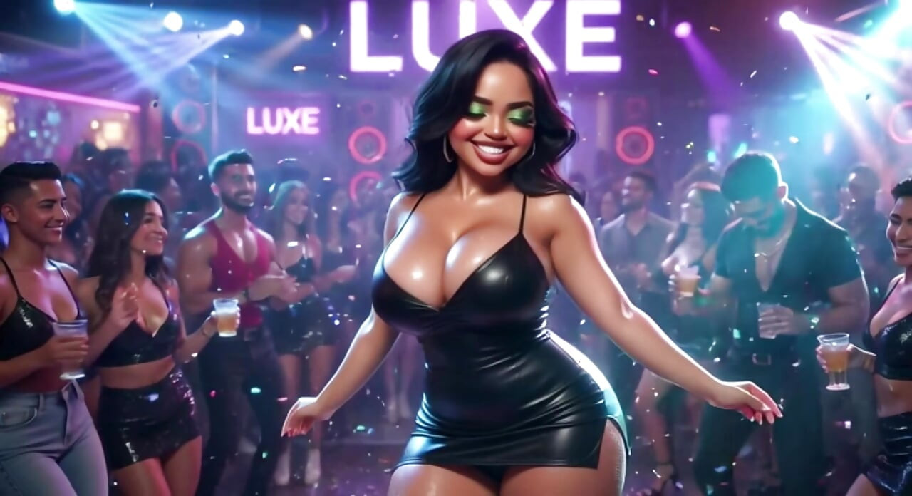 Piękna kobieta cieszy się ekscytującą noc w tętniącym życiem klubie tańcząc całując mężczyzn i stając się w pełni nago na czworakach