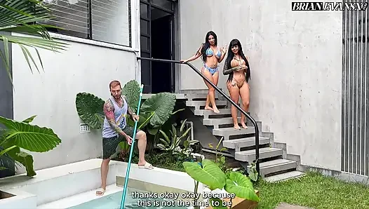 Threesome with Colombian big-bootied girls fucking the pool boy with their big tits - Sthefycupcake & Alejandra Palacios